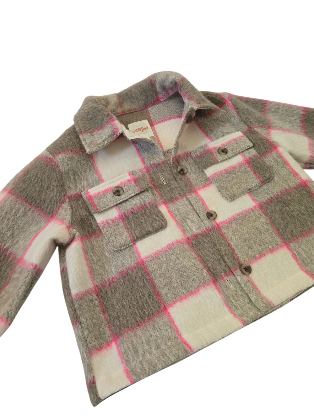 Cat & Jack Girls Plaid Pea Coat - Pink & Gray